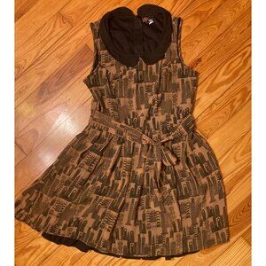 Yumi Brown and Black Architectural Pattern Peter Pan Collar Dress